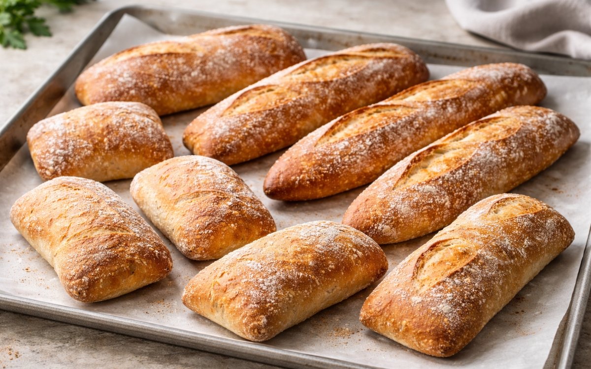 Ciabatta rolls on a wire rack showing golden crust with flour-dusted surface and visible irregular open crumb in cross-section on marble surface