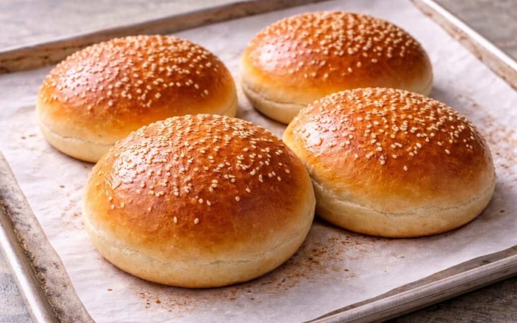 Four classic burger buns on a wire rack showing golden egg-washed tops generously covered in white sesame seeds with soft rounded shape on marble surface