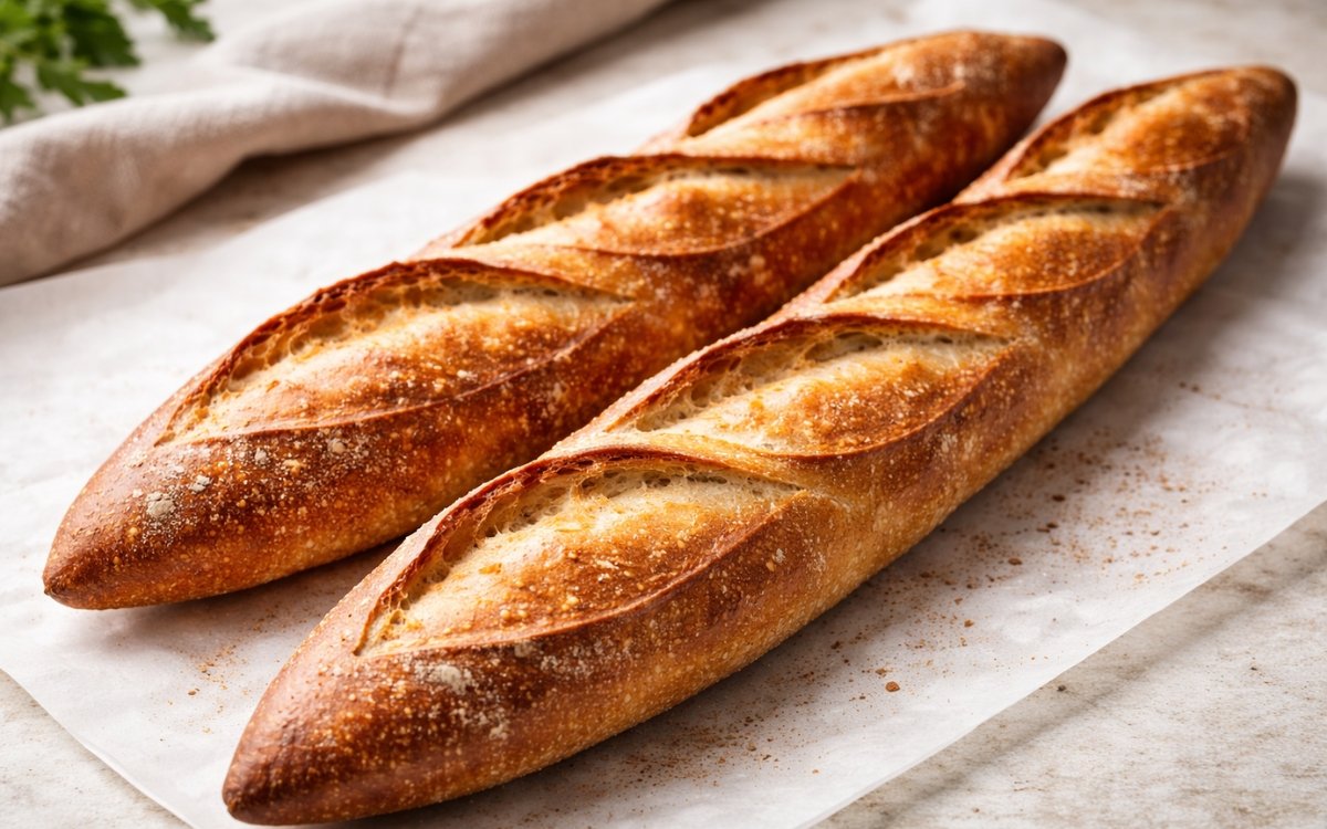 Two classic French baguettes on a wire rack showing deep golden crust with scored openings and crackling surface on a marble surface
