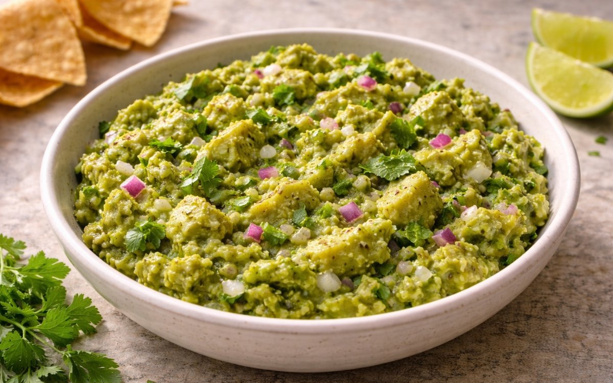 Classic guacamole in a large white bowl showing rustic chunky-smooth texture with visible red onion, cilantro, and jalapeño with lime wedges and tortilla chips beside it