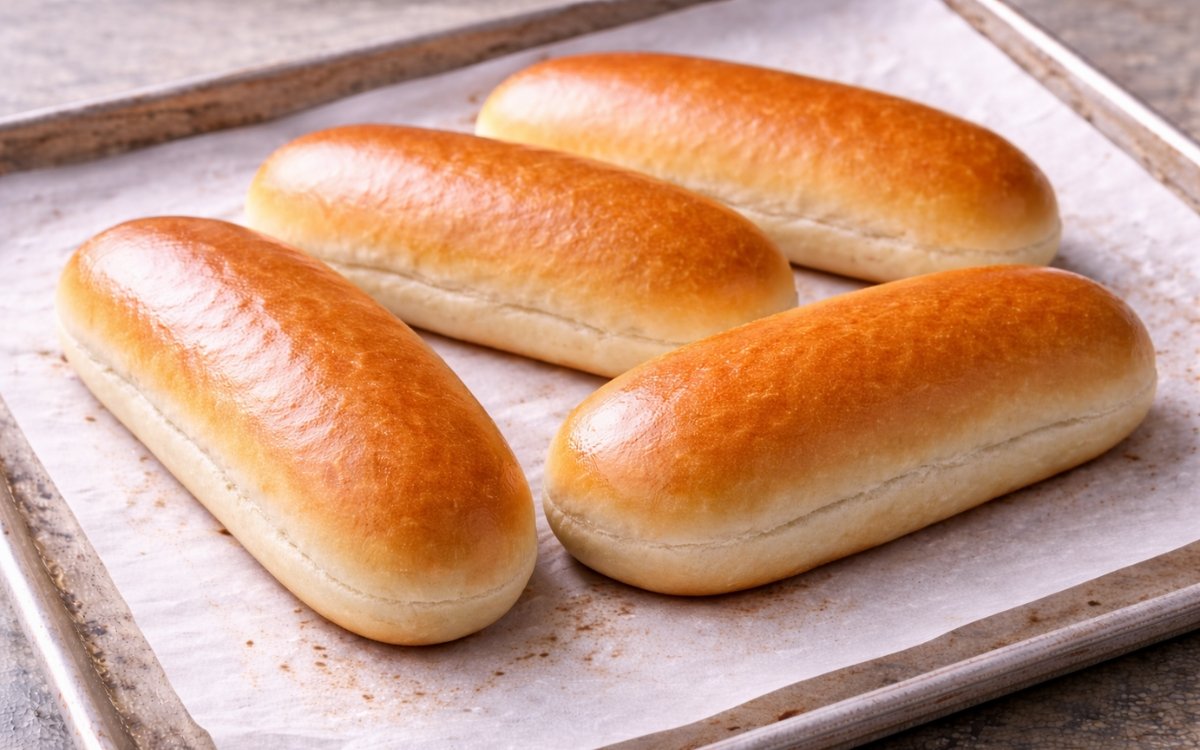 Four classic hot dog buns on a wire rack showing pale golden milk-washed surface with elongated log shape and optional sesame seeds on marble surface