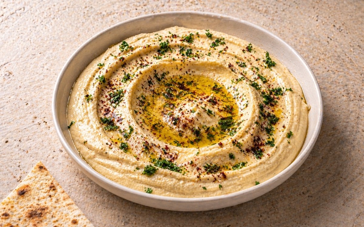 Classic hummus in a wide white bowl showing smooth creamy surface with olive oil well, za'atar garnish, chopped parsley, and lavash bread beside it on marble surface