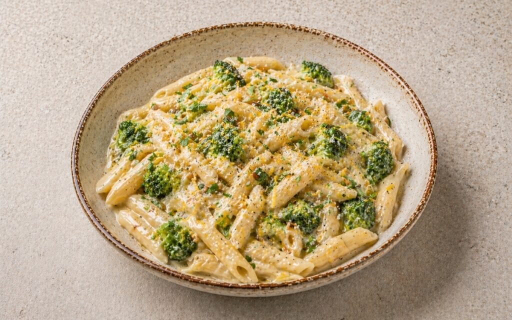 Creamy broccoli lemon pasta in a wide shallow white bowl showing penne in silky lemon cream sauce with bright green broccoli florets, toasted pine nuts, Parmigiano, and fresh basil on marble surface