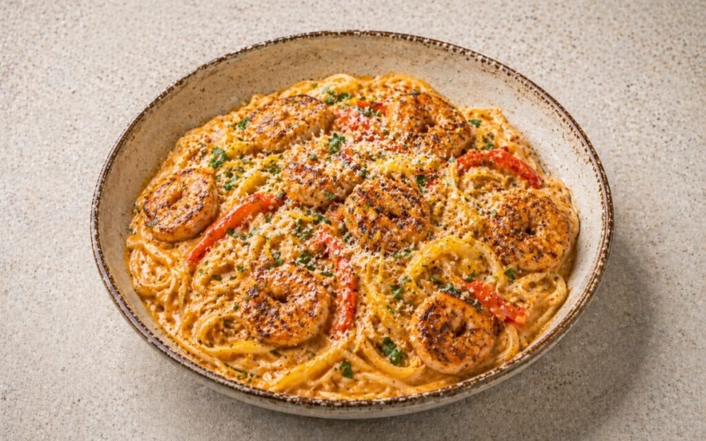 Creamy Cajun shrimp pasta in a wide shallow bowl showing golden-seared shrimp over linguine in deep orange-red Cajun cream sauce with red and yellow bell peppers and fresh parsley on marble surface