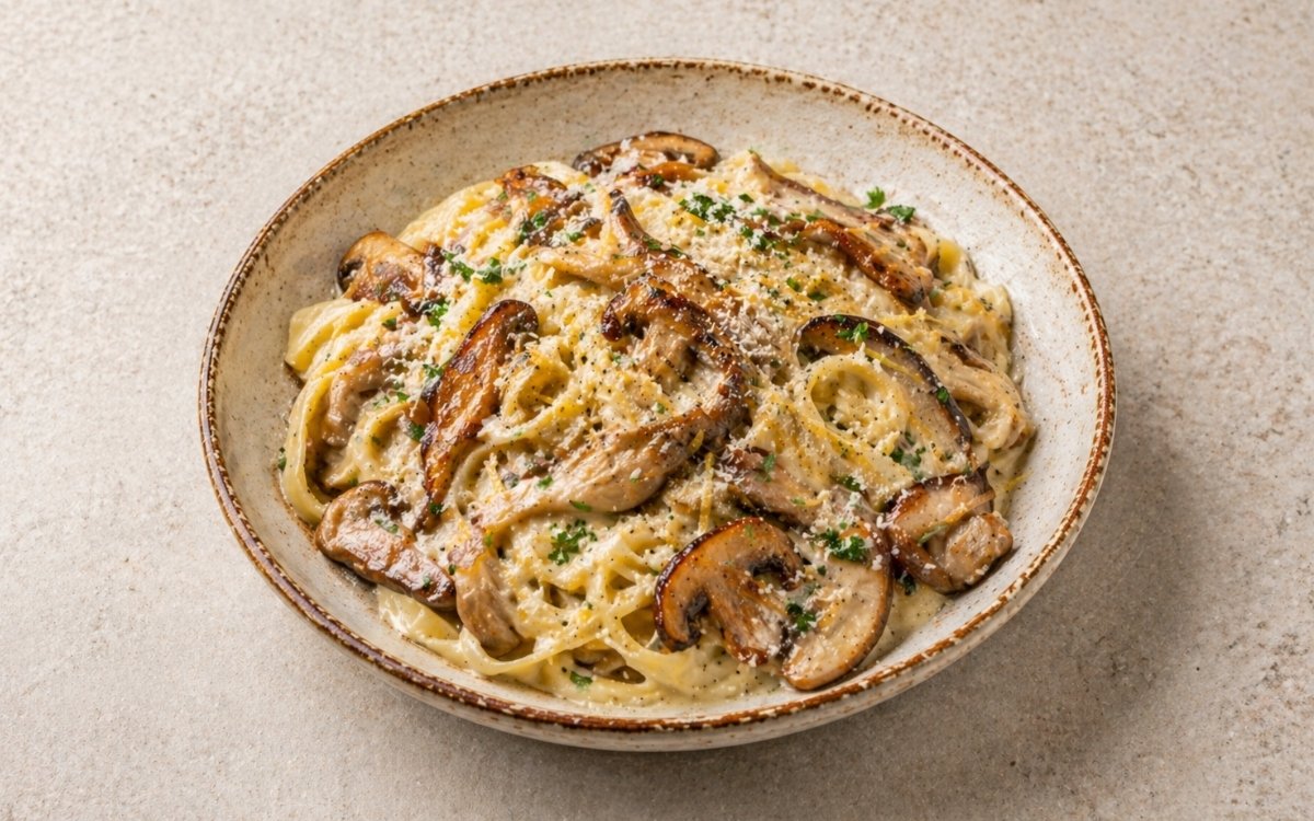 Creamy mushroom garlic pasta in a wide white bowl showing pappardelle coated in golden-brown mushroom cream sauce with visible caramelised mushroom pieces, Parmigiano, fresh parsley, and black pepper on marble surface