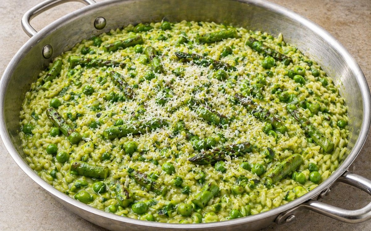 Creamy pea and asparagus orzo in a wide white bowl showing vibrant green sauce coating orzo with seared asparagus pieces and Parmigiano Reggiano scattered on top on marble surface
