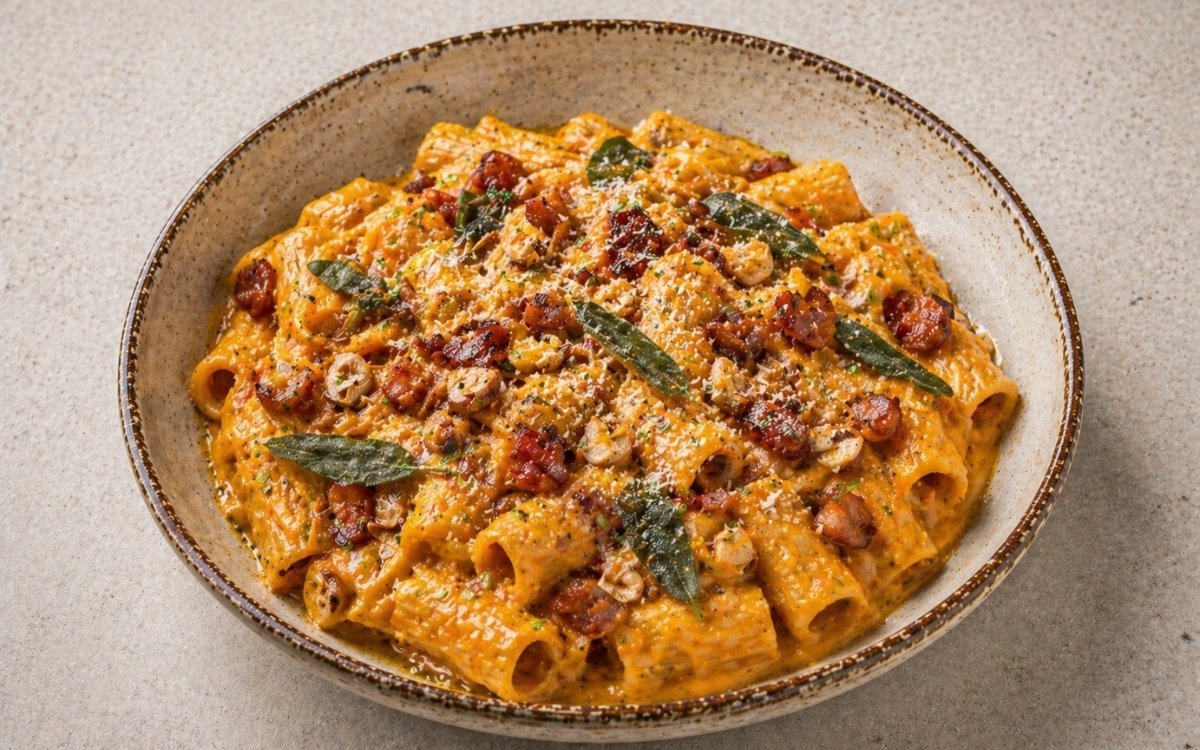 Creamy pumpkin pasta in a wide white bowl showing rigatoni in golden-orange pumpkin cream sauce topped with crispy pancetta, fried sage leaves, toasted hazelnuts, and Parmigiano on marble surface