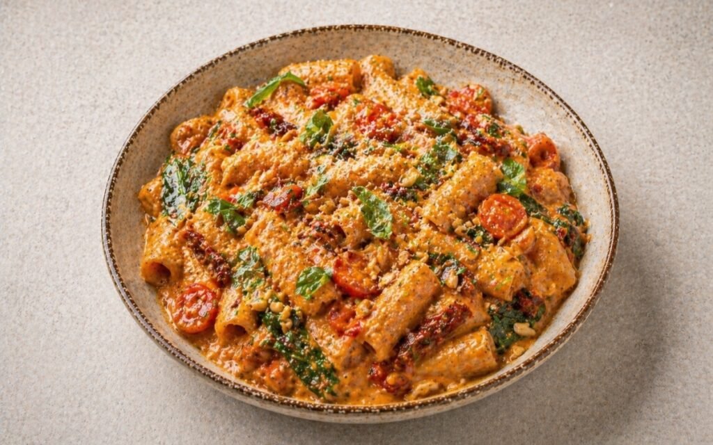 Creamy sun-dried tomato pasta in a wide white bowl showing rigatoni in deep orange-red cream sauce with visible sun-dried tomatoes, burst cherry tomatoes, baby spinach, fresh basil, toasted pine nuts, and Parmesan on marble surface