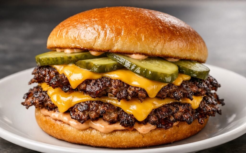 double smash burger with melted cheese and burger sauce on toasted bun