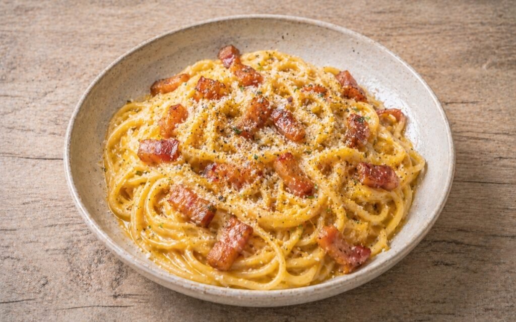 Authentic carbonara pasta with crispy guanciale, creamy egg yolk sauce and Pecorino Romano in a white bowl