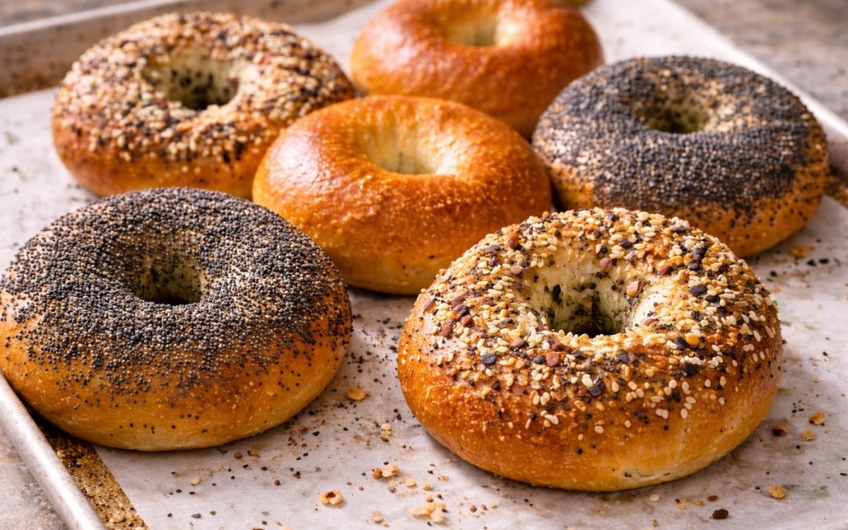 Everything bagels on a wire cooling rack showing deep golden crust with everything seasoning coating of sesame seeds, poppy seeds, dried onion, and garlic on marble surface