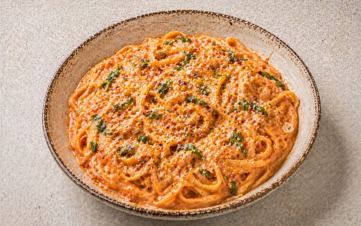 Fettuccine alla vodka in a wide white bowl showing coral-pink vodka cream sauce coating wide fettuccine ribbons with torn fresh basil, Parmigiano, and olive oil drizzle on marble surface