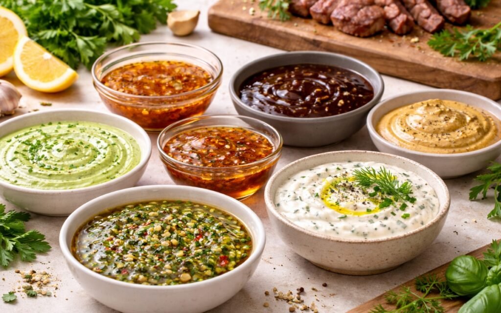 Assorted sauces, dressings, and finishing drizzles including chimichurri, tahini sauce, lemon vinaigrette, and chili oil arranged on a marble surface with fresh herbs