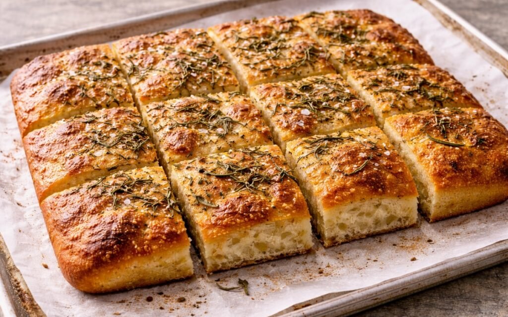 Focaccia on a wire rack showing deeply golden crust with za'atar seasoning, rosemary, and flaky salt with visible open crumb in cross-section on marble surface