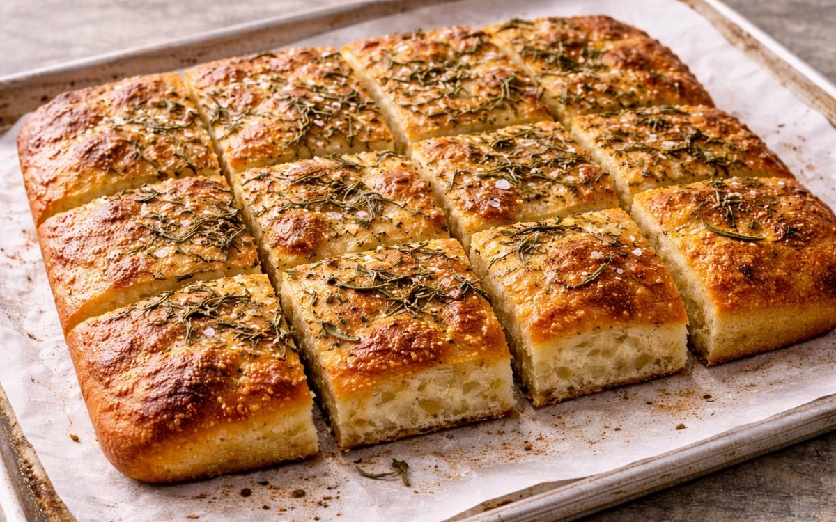 Focaccia on a wire rack showing deeply golden crust with za'atar seasoning, rosemary, and flaky salt with visible open crumb in cross-section on marble surface