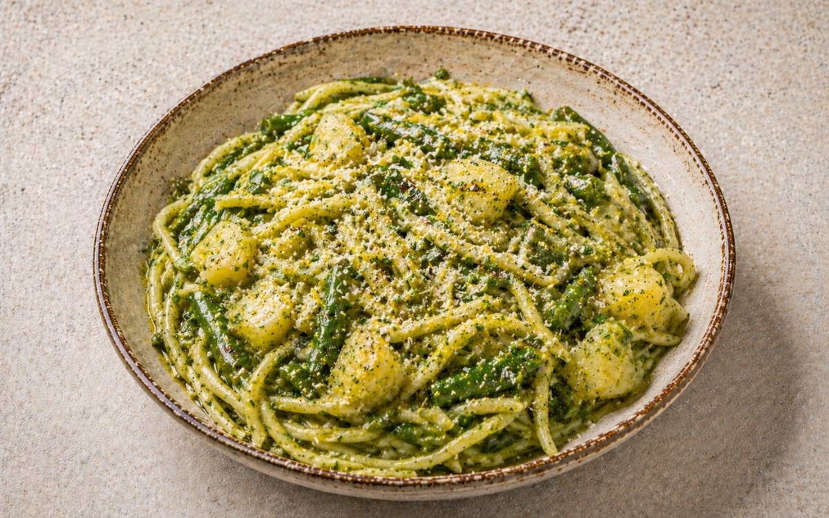 Fresh homemade basil pesto pasta in a wide white bowl showing vivid green pesto-coated trofie with tender potato pieces and green beans, Parmigiano, and olive oil drizzle on marble surface