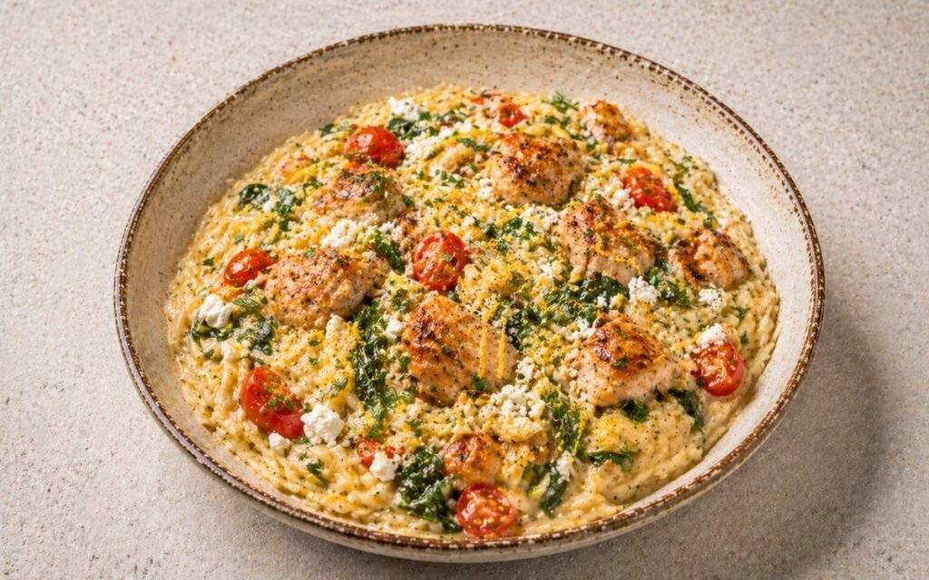 Fresh lemon chicken orzo in a wide shallow white bowl showing creamy lemon-tinted orzo with seared chicken pieces, cherry tomatoes, wilted spinach, crumbled feta, and fresh dill on marble surface