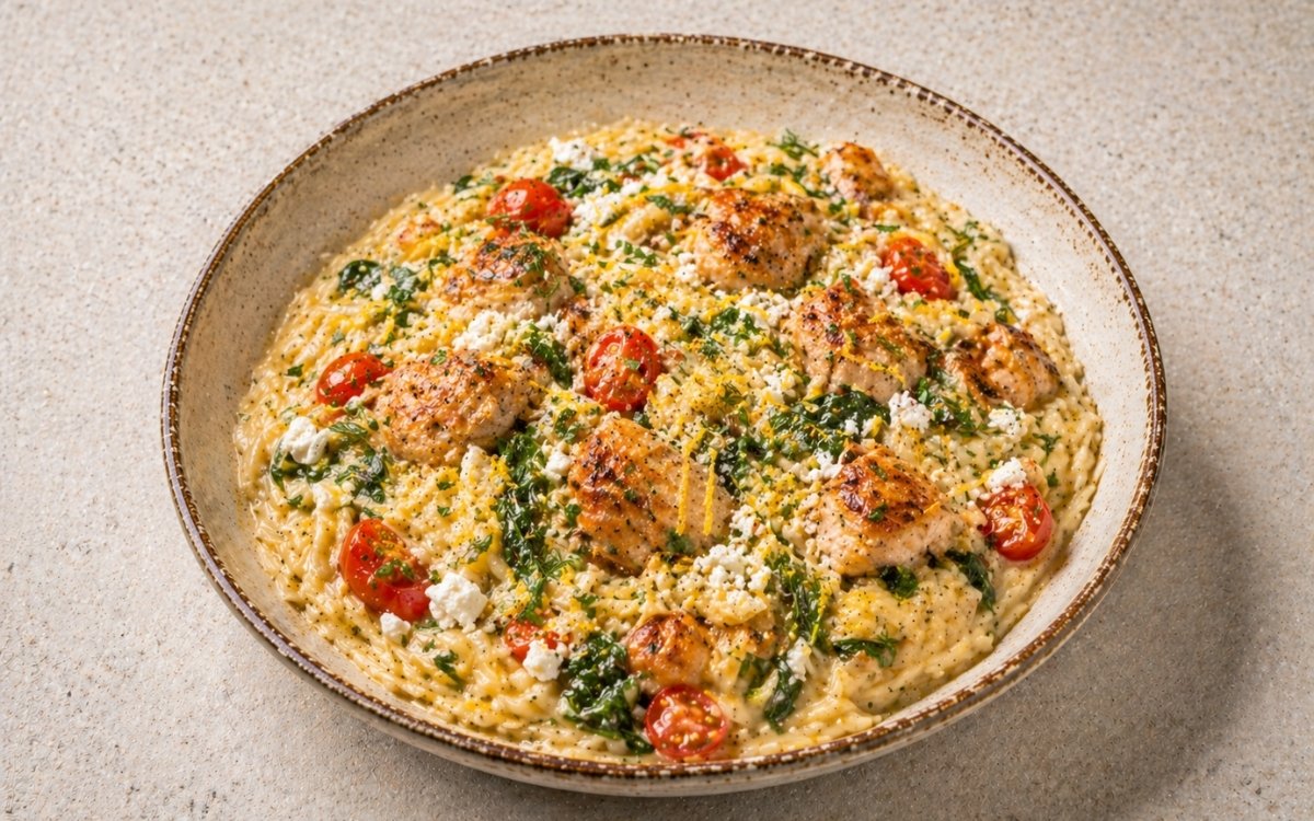 Fresh lemon chicken orzo in a wide shallow white bowl showing creamy lemon-tinted orzo with seared chicken pieces, cherry tomatoes, wilted spinach, crumbled feta, and fresh dill on marble surface