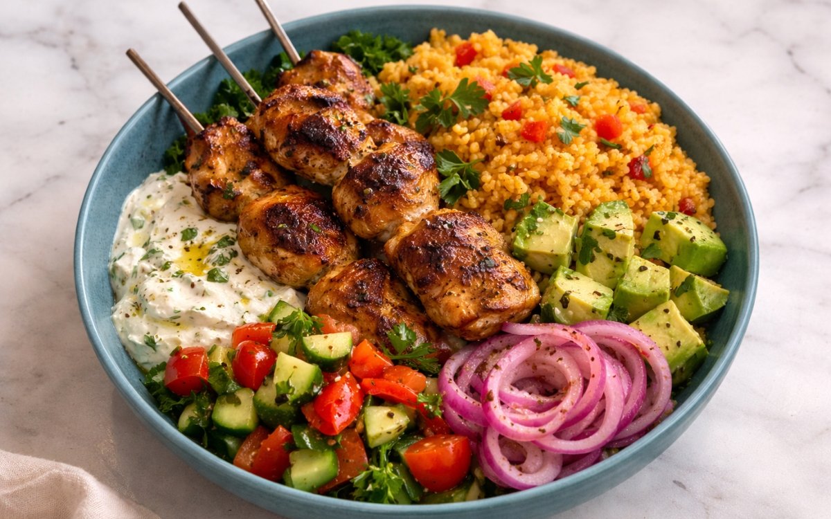Overhead view of Greek chicken souvlaki Mediterranean bowl in a teal ceramic bowl with charred skewers, golden spiced couscous, tzatziki, pickled red onion rings, tomato-cucumber salad, and avocado on marble surface