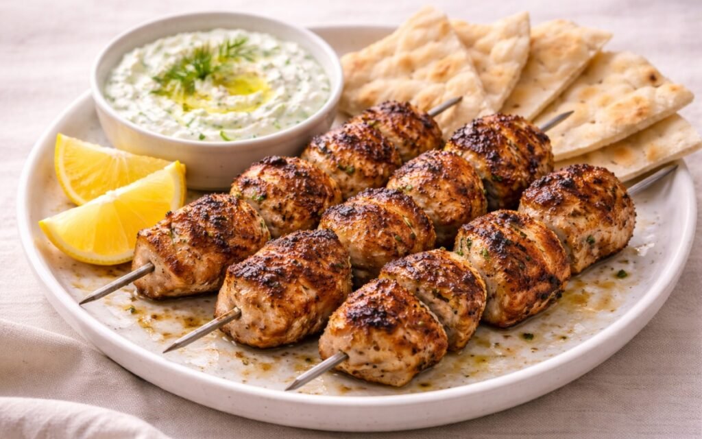 Greek chicken souvlaki skewers on a white plate with golden charred edges, fresh herbs, lemon wedges, and tzatziki on the side