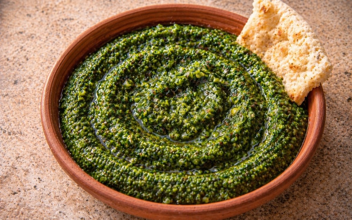 Green zhoug in a small white bowl showing vivid deep green colour with slightly coarse herb texture and olive oil sheen on marble surface with pita bread beside it