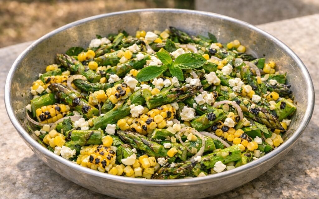 Grilled asparagus and corn salad in a large white bowl showing charred asparagus pieces, golden corn kernels, crumbled feta, and fresh herb chiffonade with lemon vinaigrette on marble surface