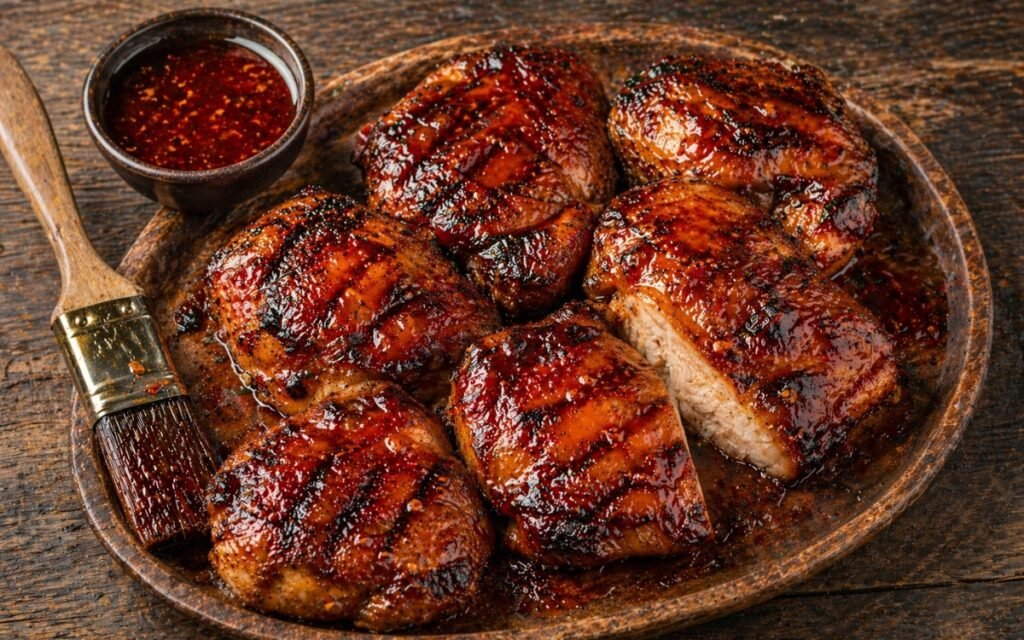 Grilled hot honey chicken thighs on a wooden board showing deeply caramelised glossy red surface with grill marks and visible hot honey glaze with cilantro lime rice and salsa verde beside it