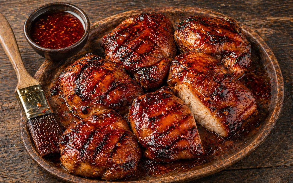 Grilled hot honey chicken thighs on a wooden board showing deeply caramelised glossy red surface with grill marks and visible hot honey glaze with cilantro lime rice and salsa verde beside it