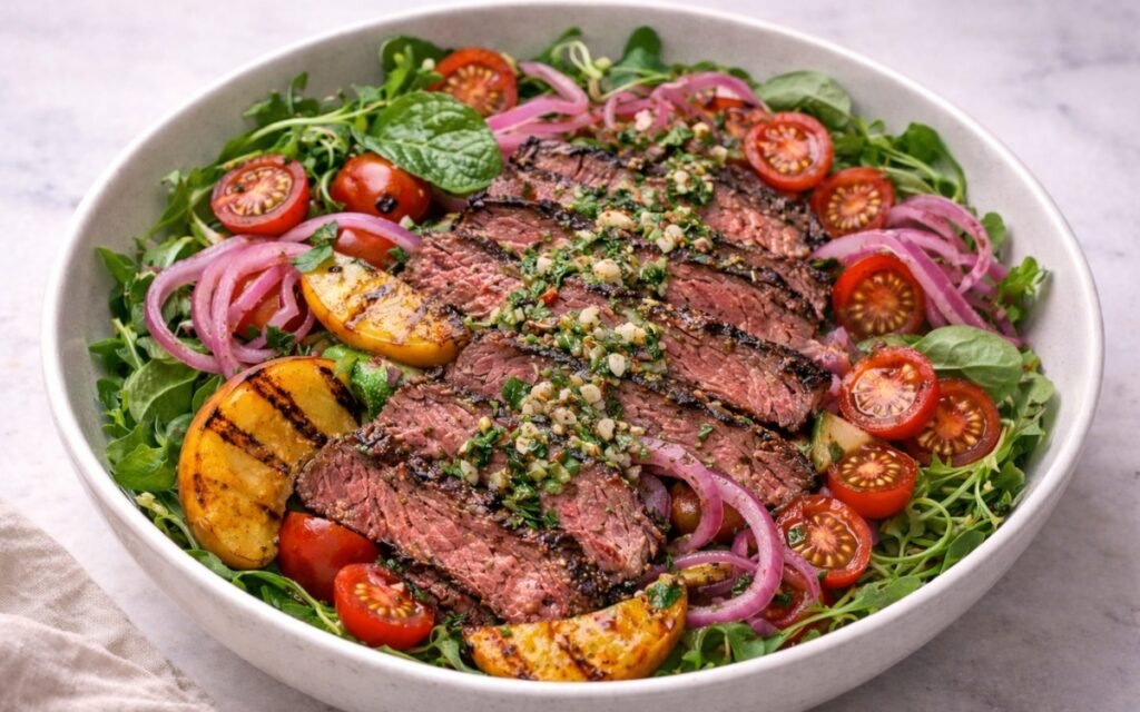 Overhead view of grilled steak and peach chimichurri salad in a white bowl with sliced medium-rare steak, caramelised peach wedges, pickled red onion rings, cherry tomatoes, and fresh greens on a grey marble surface