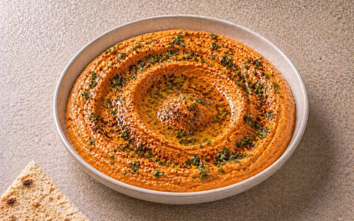 Harissa and mint hummus in a wide white bowl showing warm reddish-orange colour with olive oil drizzle, za'atar garnish, fresh parsley, and mint leaves on marble surface