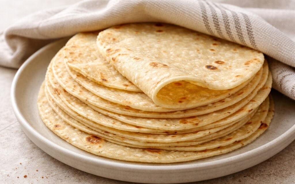 Stack of homemade corn tortillas showing soft texture with irregular char spots on a cloth-lined plate with masa harina