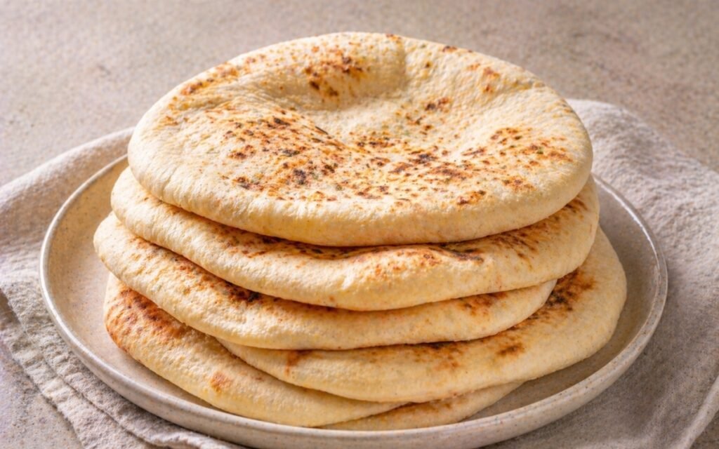 Stack of homemade pita flatbreads showing soft golden surface with char spots on a cloth-lined basket with hummus and fresh herbs beside it on marble surface