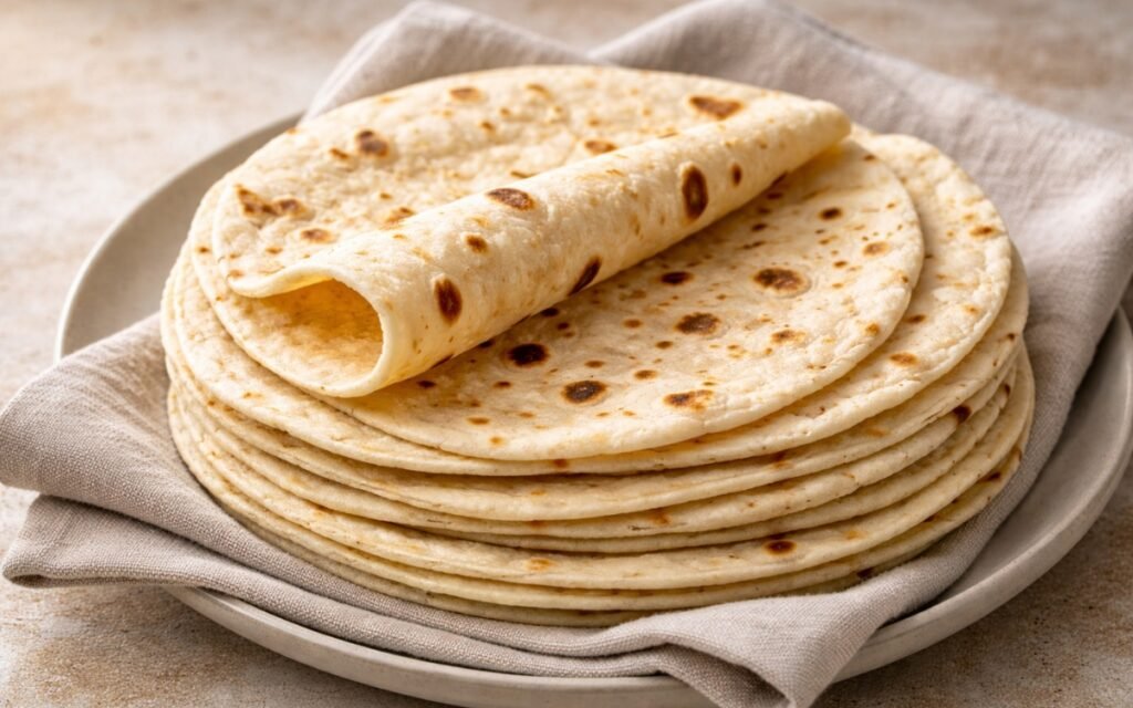 Stack of homemade wheat tortillas showing irregular char spots and soft pliable texture on a wooden board with flour dusting
