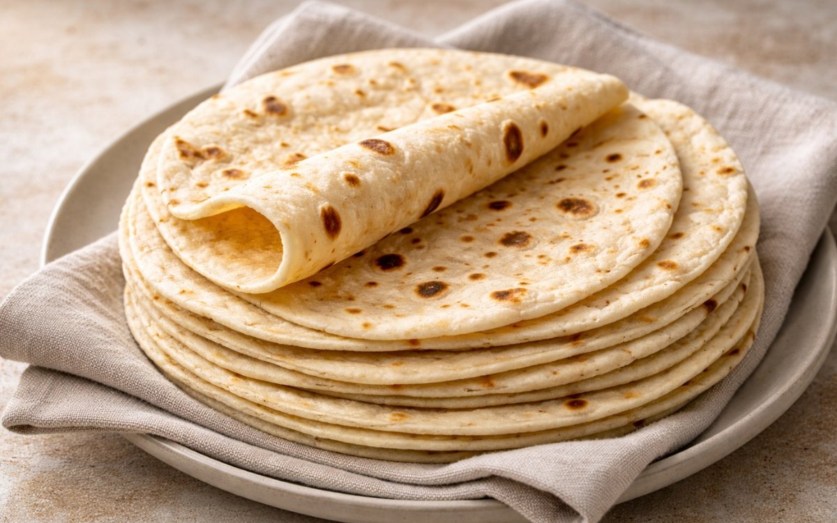 Stack of homemade wheat tortillas showing irregular char spots and soft pliable texture on a wooden board with flour dusting