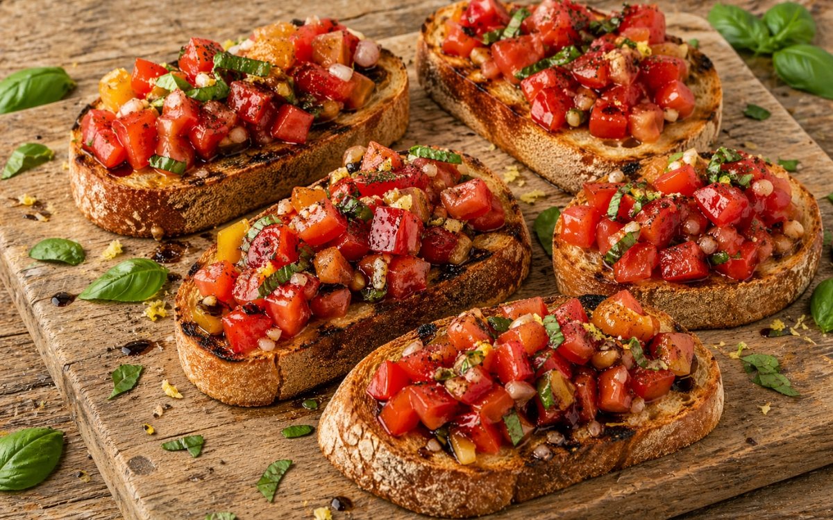 Italian bruschetta al pomodoro on a wooden board showing thick toasted sourdough slices topped with vibrant red heirloom tomato mixture, fresh basil, balsamic drops, and olive oil on marble surface