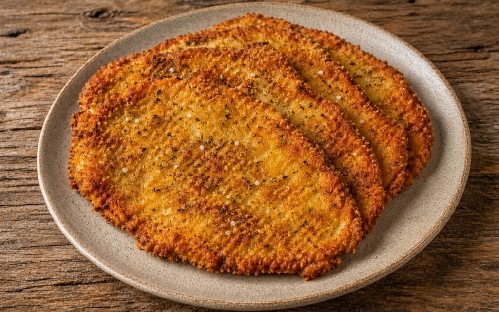 Golden fried chicken cutlets with crispy Parmesan breadcrumb coating served with lemon wedges