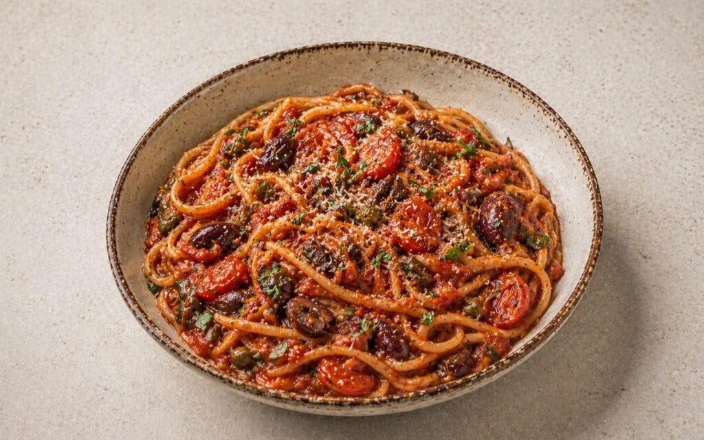 Italian puttanesca pasta in a wide shallow white bowl showing spaghetti coated in deep red tomato sauce with visible Kalamata olives, cherry tomatoes, capers, fresh parsley, and Parmigiano on marble surface