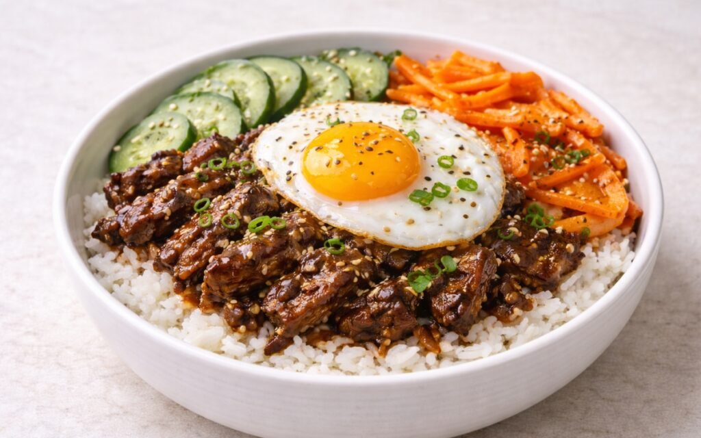 Korean beef bulgogi bowl with marinated ribeye, pickled cucumbers, kimchi, fried egg, and sesame seeds over white rice