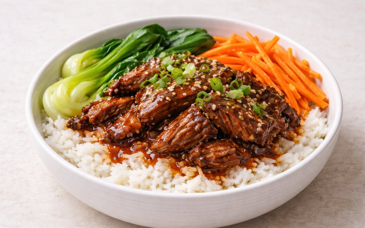 Korean-style braised beef short rib rice bowl with tender shredded beef in dark soy-ginger sauce, jasmine rice, bok choy, julienned carrots, scallions, and sesame seeds in a white bowl