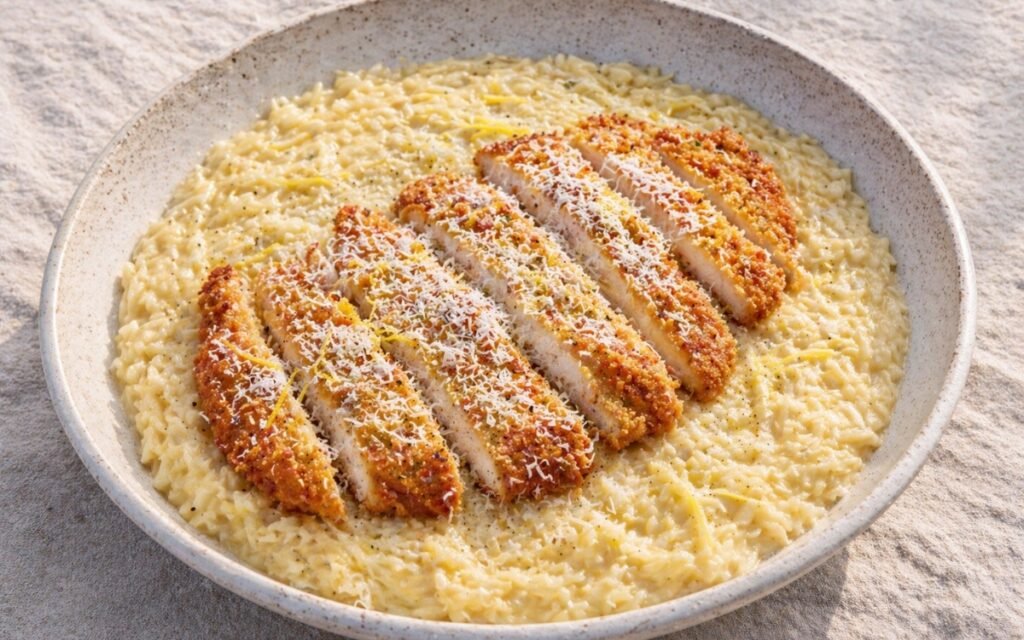 Lemon chicken cutlet orzo in a wide white bowl showing creamy yellow-tinted orzo with sliced golden crispy cutlet strips fanned over the top, Parmesan, and lemon zest on marble surface