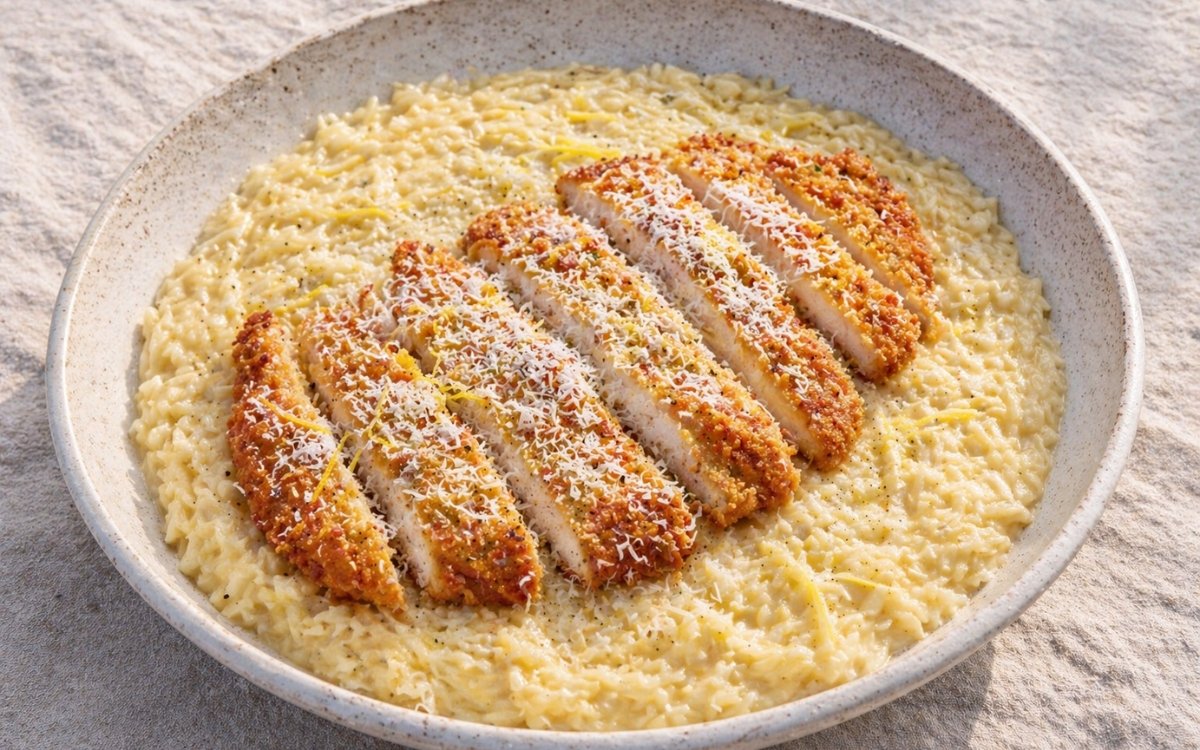Lemon chicken cutlet orzo in a wide white bowl showing creamy yellow-tinted orzo with sliced golden crispy cutlet strips fanned over the top, Parmesan, and lemon zest on marble surface
