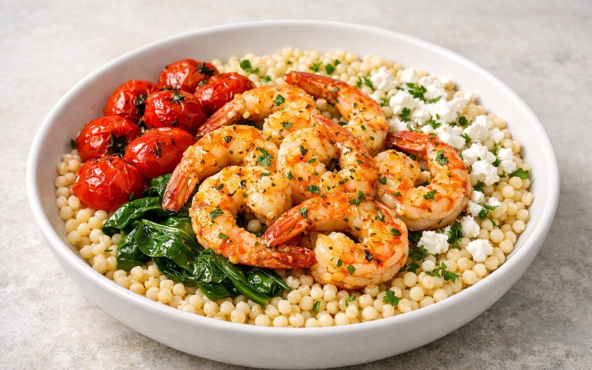 Lemon garlic shrimp couscous bowl with blistered cherry tomatoes, wilted spinach, and crumbled feta cheese in a white serving bowl