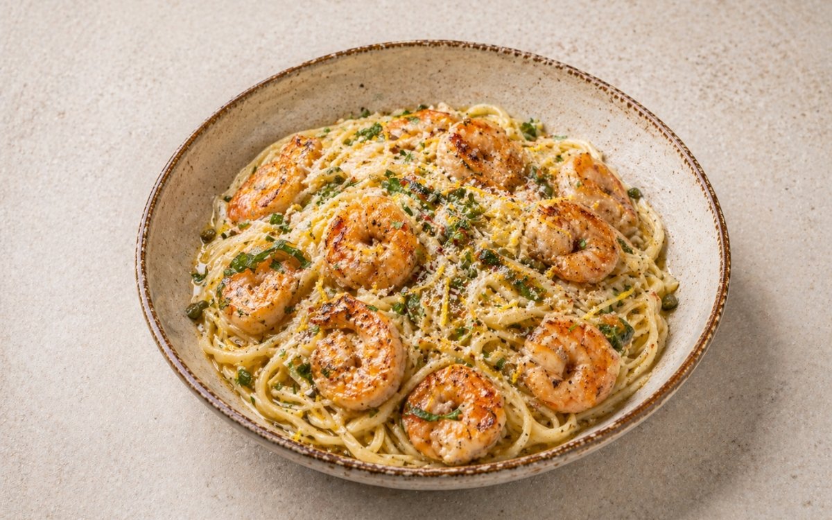 Lemon garlic shrimp pasta in a wide shallow white bowl showing golden-seared large shrimp over linguine in glossy lemon butter sauce with parsley, basil, and Parmigiano on marble surface