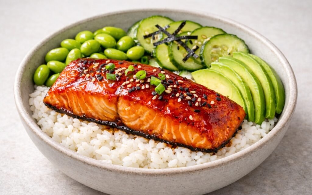 Miso glazed salmon bowl with sushi rice, edamame, pickled cucumbers, avocado, and nori garnished with sesame seeds and scallions