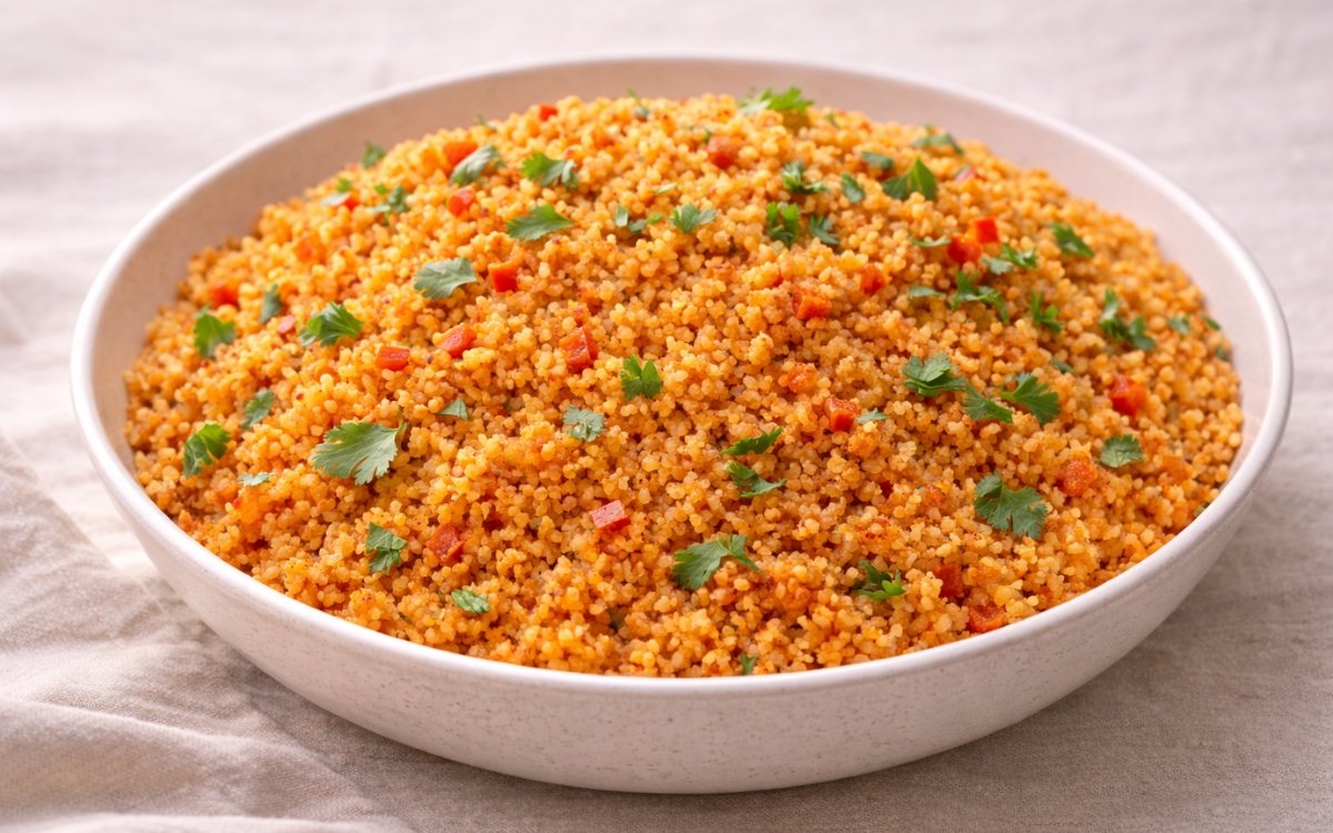 Moroccan-style tomato couscous in a white bowl showing golden, spiced grains with visible turmeric color and fresh herb garnish