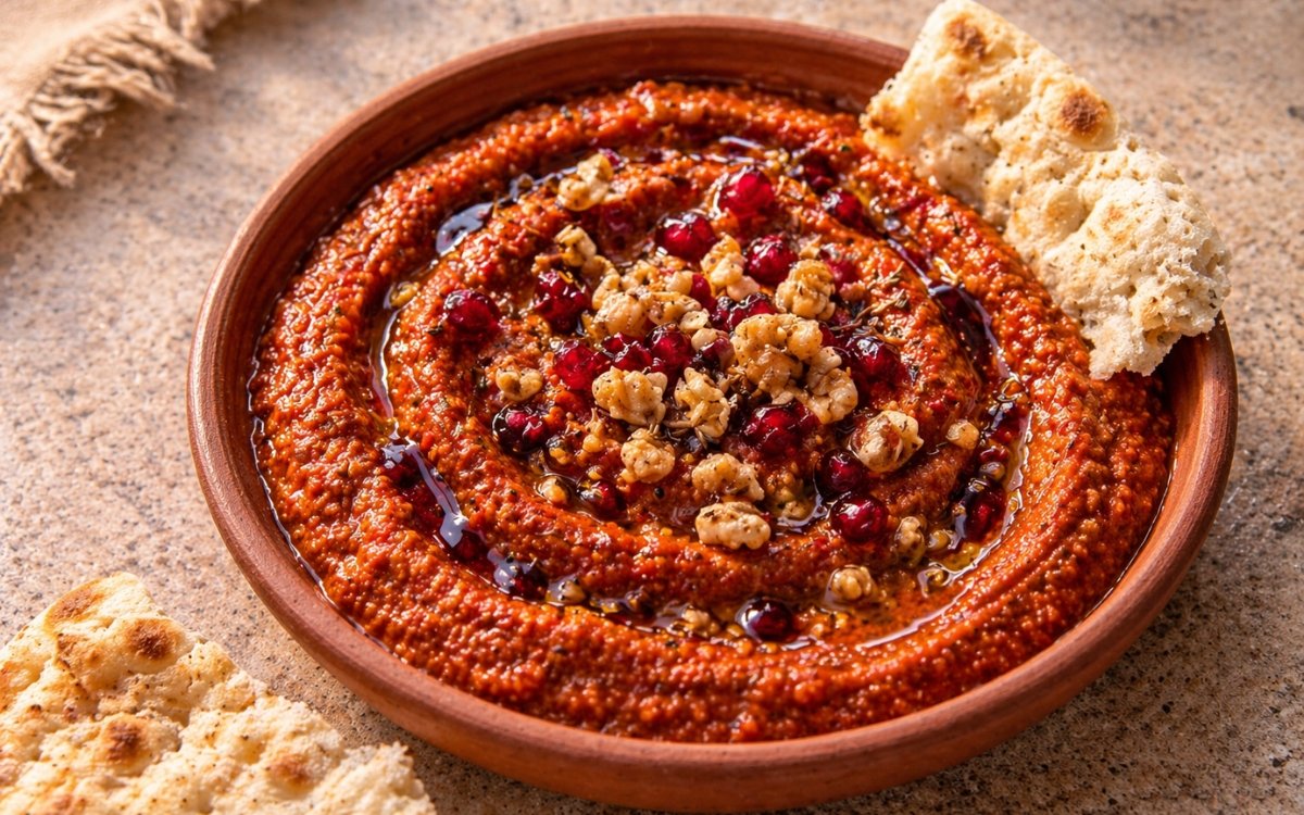 Muhammara in a wide white bowl showing deep red-orange colour with olive oil drizzle, pomegranate seed garnish, crushed walnuts, toasted cumin seeds, and pomegranate molasses drops on marble surface