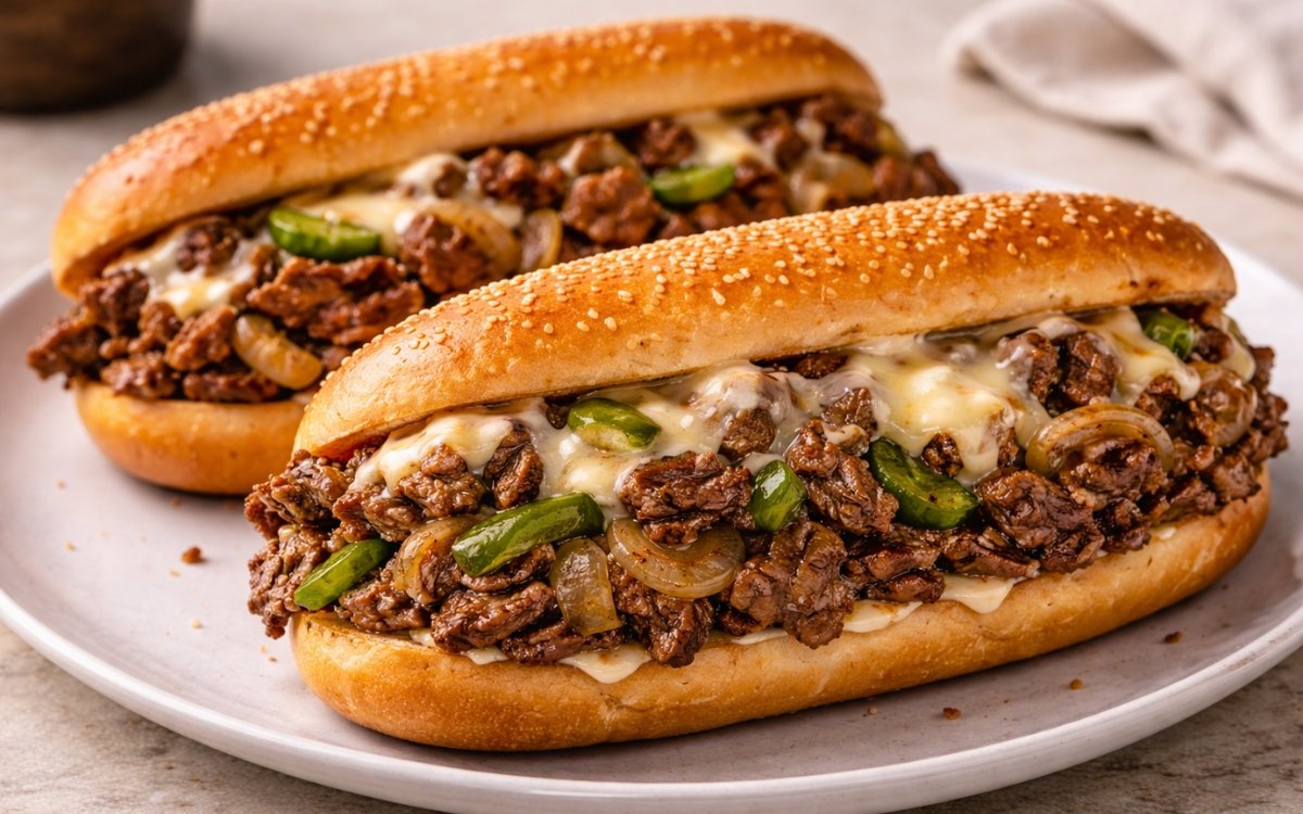 two philly cheesesteak sandwiches with melted cheese, onions, and sesame hoagie roll