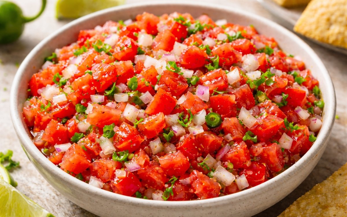 Fresh pico de gallo in a white bowl showing diced Roma tomatoes, red and white onion, jalapeño, and lime wedges on marble surface