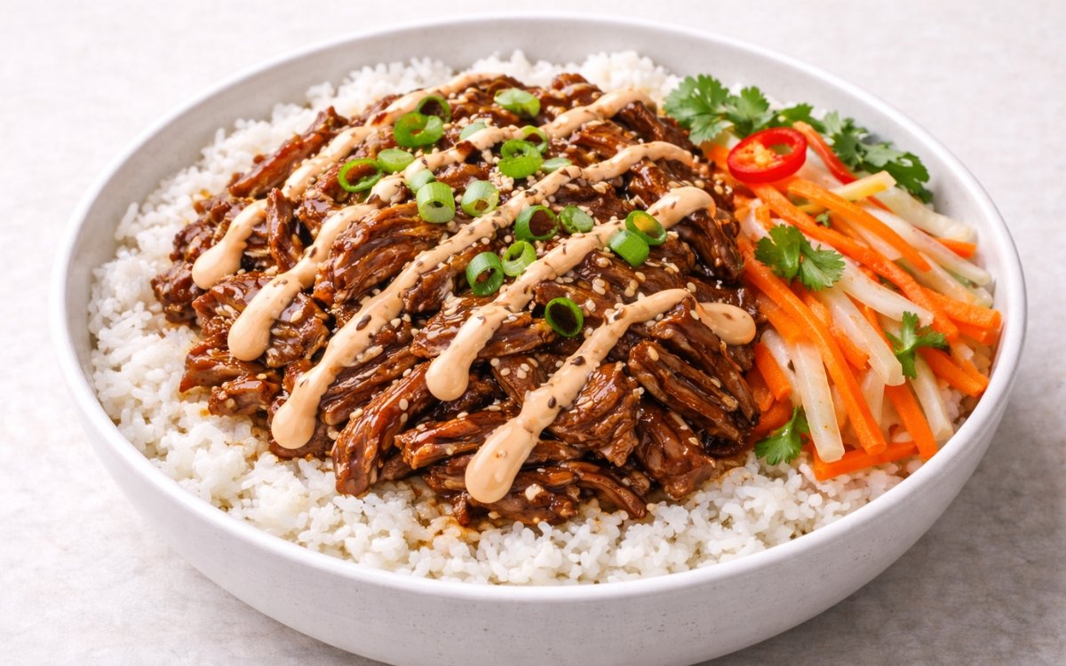 Pulled pork rice bowl with glazed shredded pork, pickled vegetables, sriracha mayo, and sesame seeds over jasmine rice