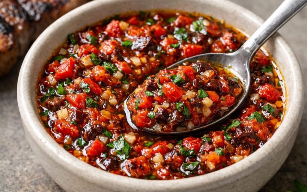 Red chimichurri in a white bowl showing deep red-orange oily sauce with visible herb flecks, diced pepper, and chipotle pieces